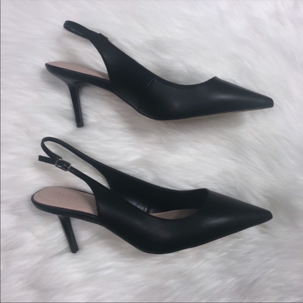 Aldo Black Pointed Toe Sling Back Kitten Heels